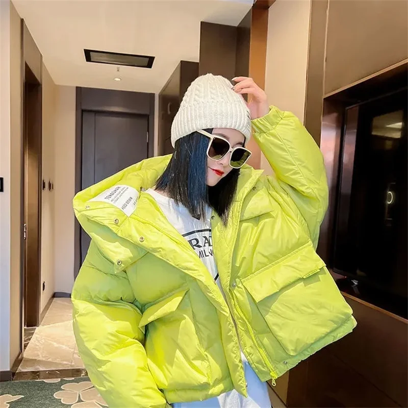 2024 New Short Glossy Down Jacket For women\'s Streetwear Loose Hooded Thicken Hooded Duck down Coat Female Warm Parka Overcoat