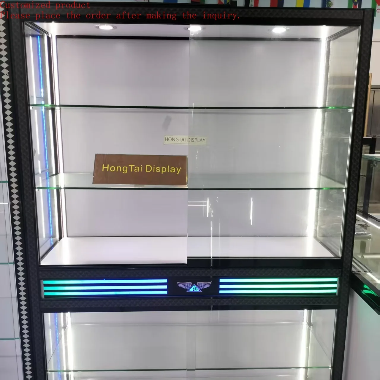 

Custom.Two Parts High Showcase Factory Wholesale Customize Smoke Shop Display Extra Vision Tall Display Cabinet
