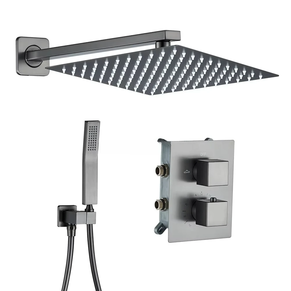 

Настенный термостатический смеситель для душа из нержавеющей латуни, скрытый смеситель для душа в ванной комнате, набор смесителей для душа с дождевой насадкой, ручной аксессуар