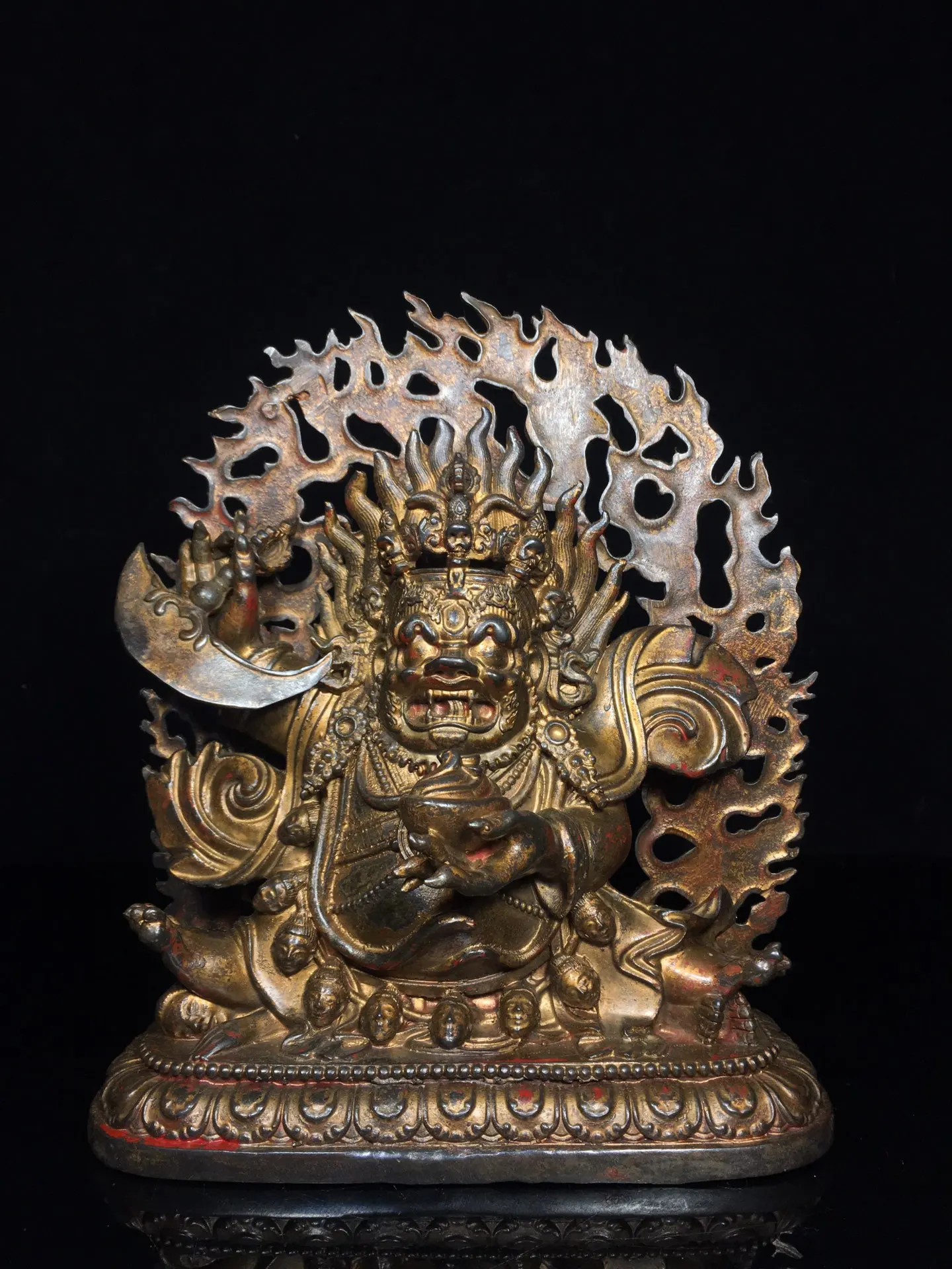 

9"Tibetan Temple Collection Old Bronze Cinnabar Mud gold Mahakala Standing Buddha Backlight Lotus Terrace Worship Hall