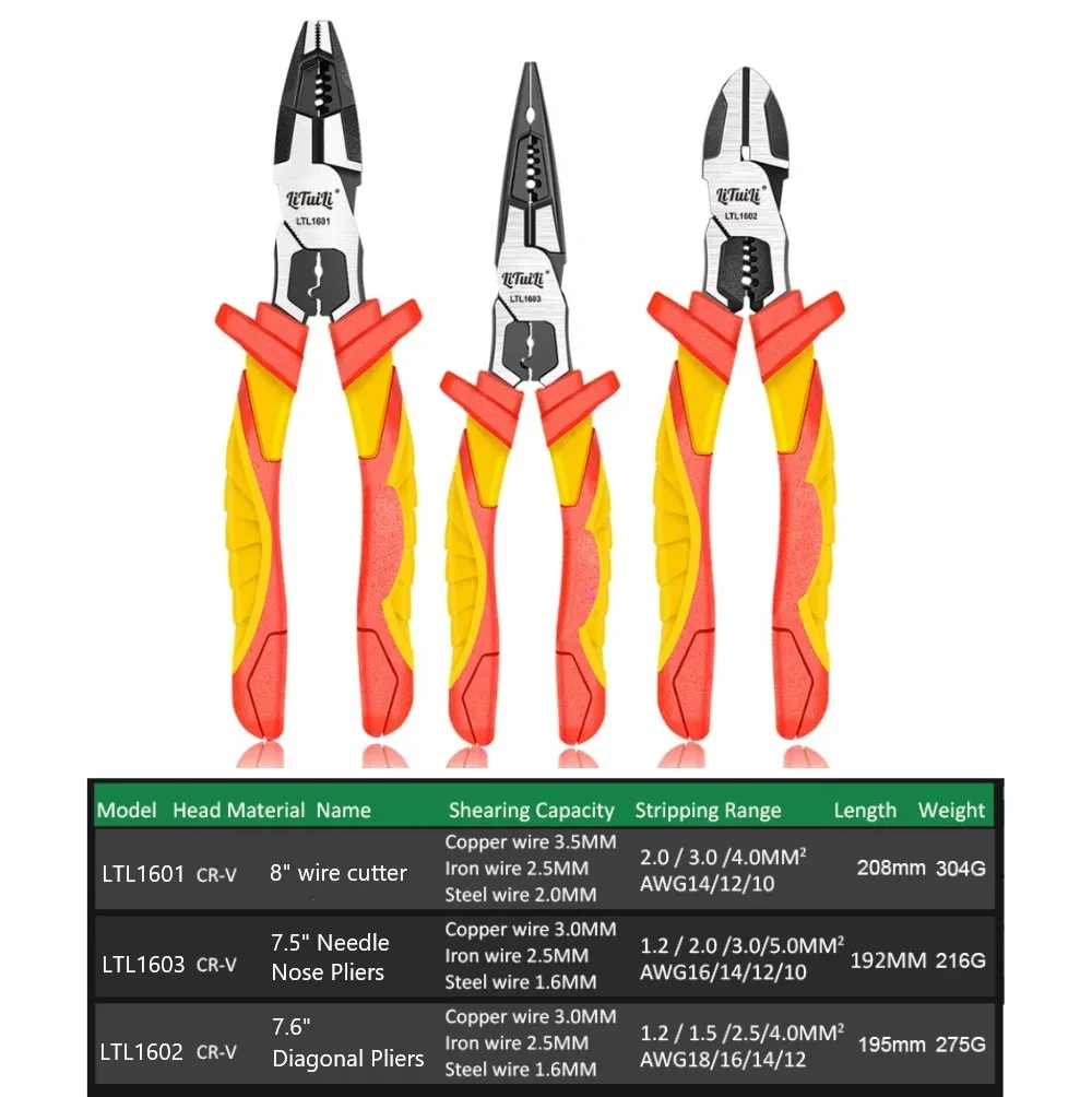 LiTuiLi VDE Pliers 8 Inch Isolated Wire Stripper Cr-V Wire Cutter Professional Electrician Tool Crimp and Cable Cutter