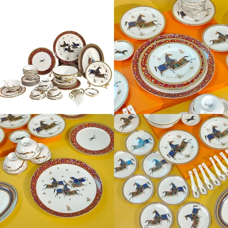 for European War Horse Series Ceramic Tableware Set Household Dishes Spoons Plates Gift Box Complete Western Food Dinnerware