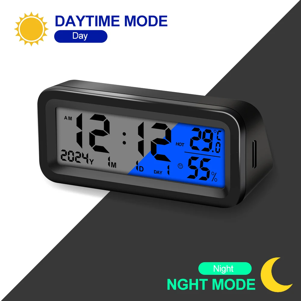 Solar Power Car Clocks For Dashboard Date Week Temperature Humidity LCD Display Clocks Backlight Electronic Digital Auto Clock