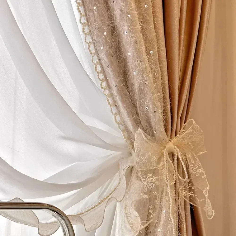 French Window Balcony Custom Romantic Glamorous Window Treatment Curtains for Bedroom Living Room Sparkle Pearl Pink Velvet Lace