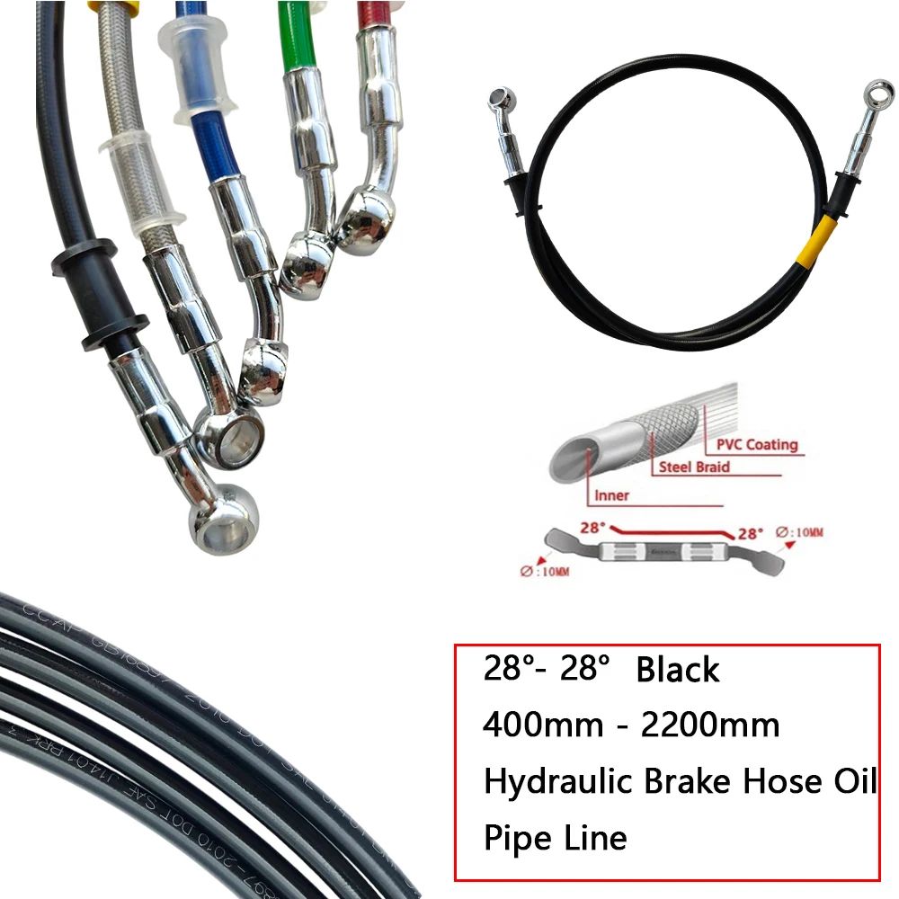 28°-28° Black Braided Hydraulic Brake Clutch Hose Reinforced Oil Line 10mm Pipe 400mm-2200mm Universal Motorcycle Tubiing