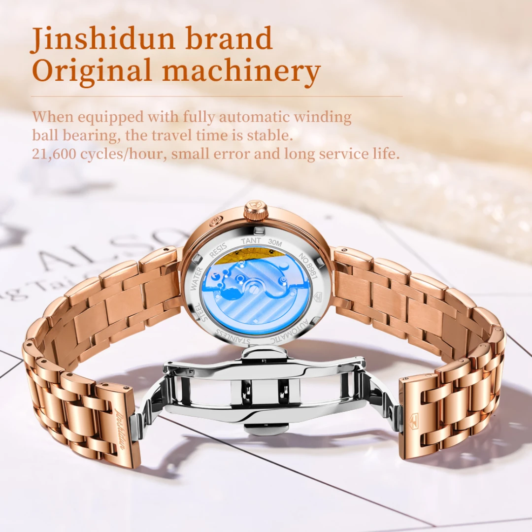 JSDUN-Montre mécanique à cadran rond en acier inoxydable, bracelet de montre, phase de lune Shoous, cadeau de mode, 8981