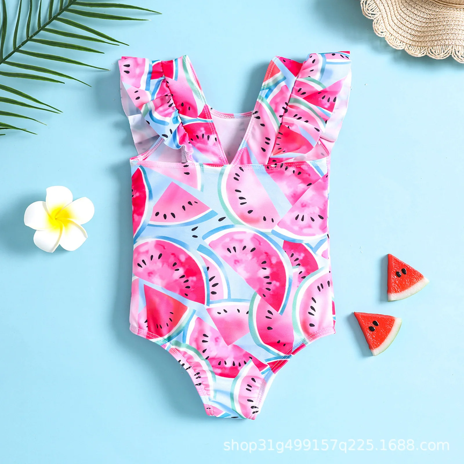 Toddler one piece swimsuit with ruffle and fresh watermelon slice pattern for pool and beach water play