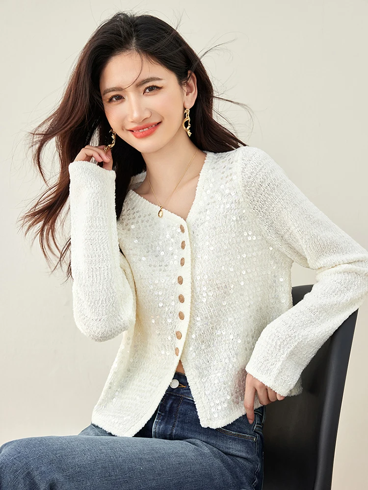 Fashion Sequin Knitted Cardigan 2024 Autumn New Irregular Design V-neck Button Loose Casual Cardigan Long Sleeved Sweater