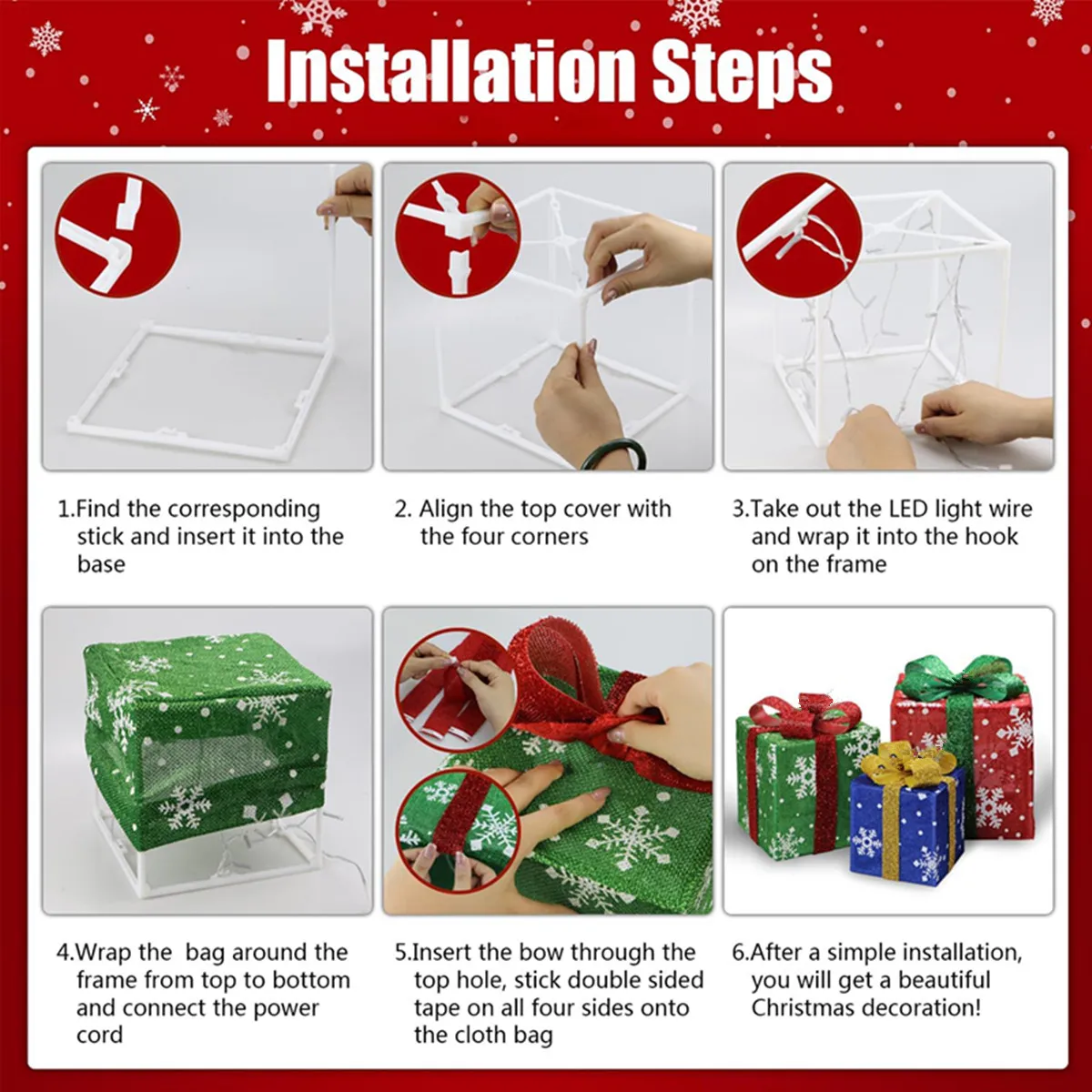 Set of 3 Lighted Gift Boxes Mother's Day Decorations With Battery Box, Snowflake Present Boxes, Gift Box Home Decorations