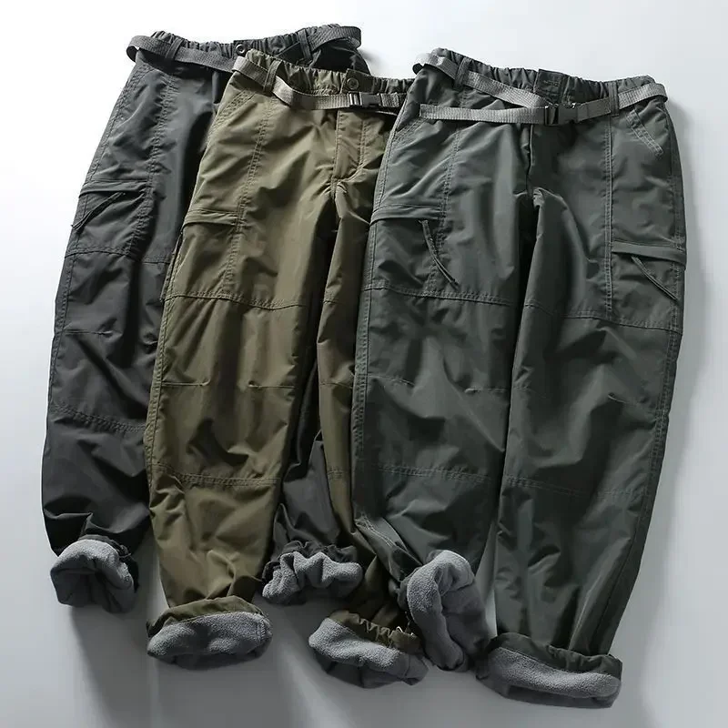 S-6XL Tooling Pants Thick Waterproof Fleece Cargo Pants Men Women Winter Outdoor Multi-pockets Loose Straight Overall Trousers