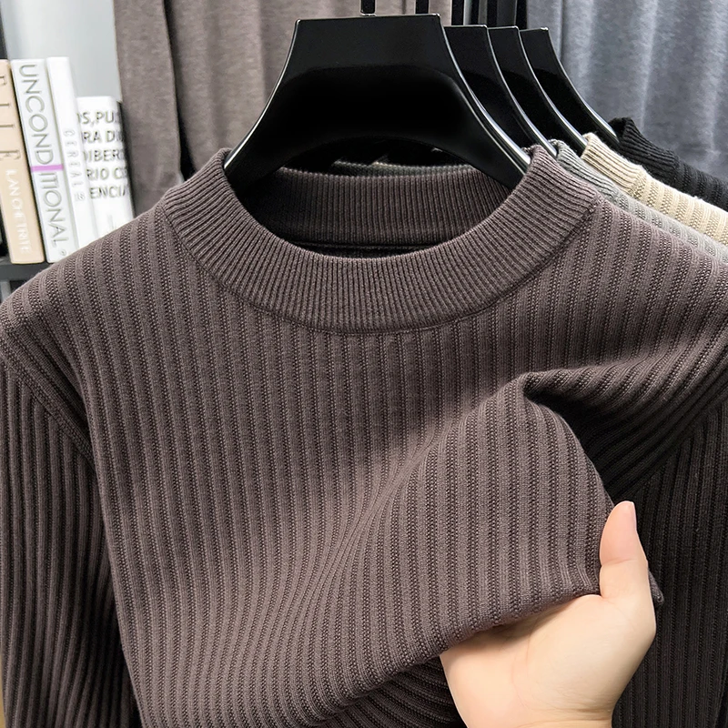 

Light luxury trend men's knitted pullover premium fashion solid color stripes comfort round neck warm autumn winter new sweater