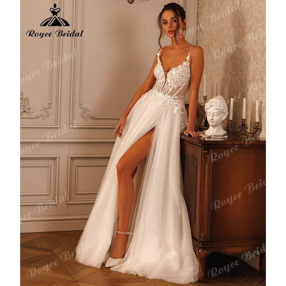 Plunge V Spaghetti Strap Wedding Dress 3D Floral Lace Sheer Corset Bodice Low Open Back Tulle A-line Vestido De Novia Customized
