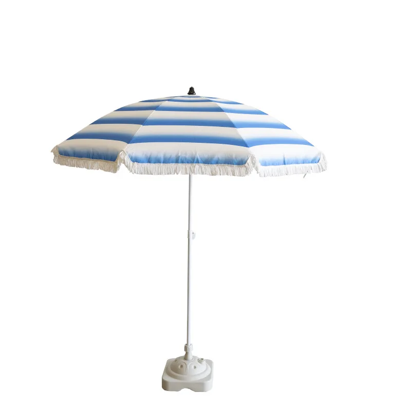 

Hot Sale Custom Blue Striped Outdoor Sun Umbrella with Tassel Function for Yard Camping or Beach
