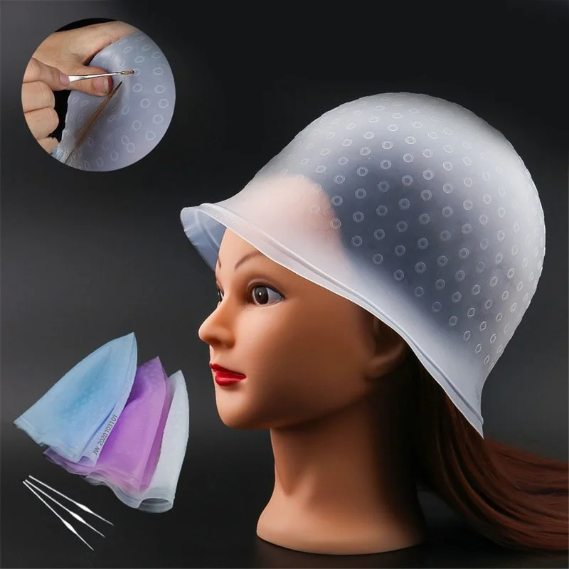 New Hair Coloring Cap Reusable Set Salon Professional Highlighting Dyeing Tools Hair Coloring Frosting Cap with Metal Hook Blue