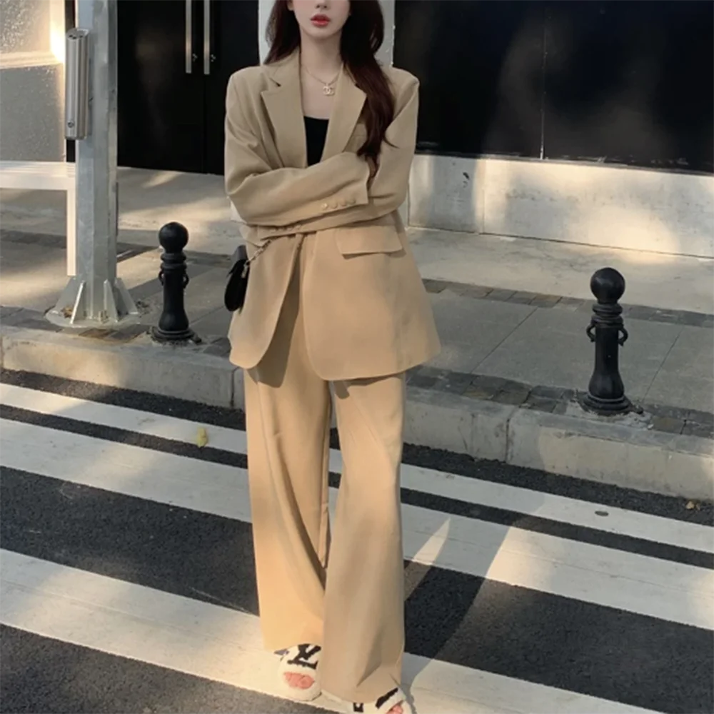 Light Green Brown Women Suits Ensembles Pantalons Single Breasted Peak Lapel 2 Piece Jacket Pants Loose Causal костюм женский