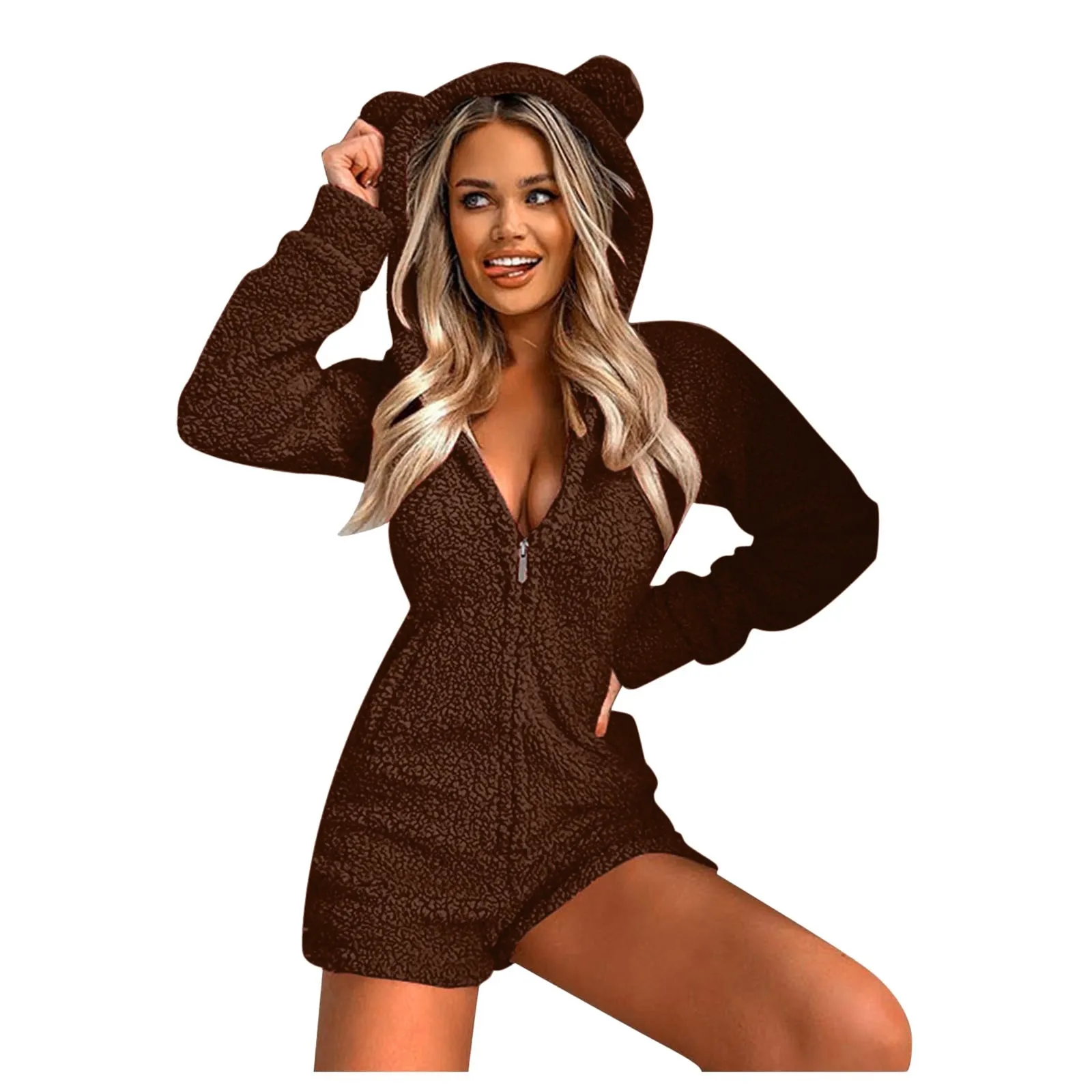 Macacões femininos velo pijama urso orelha com capuz bodysuit shorts inverno quente agasalho streetwear pijamas de uma peça plus size