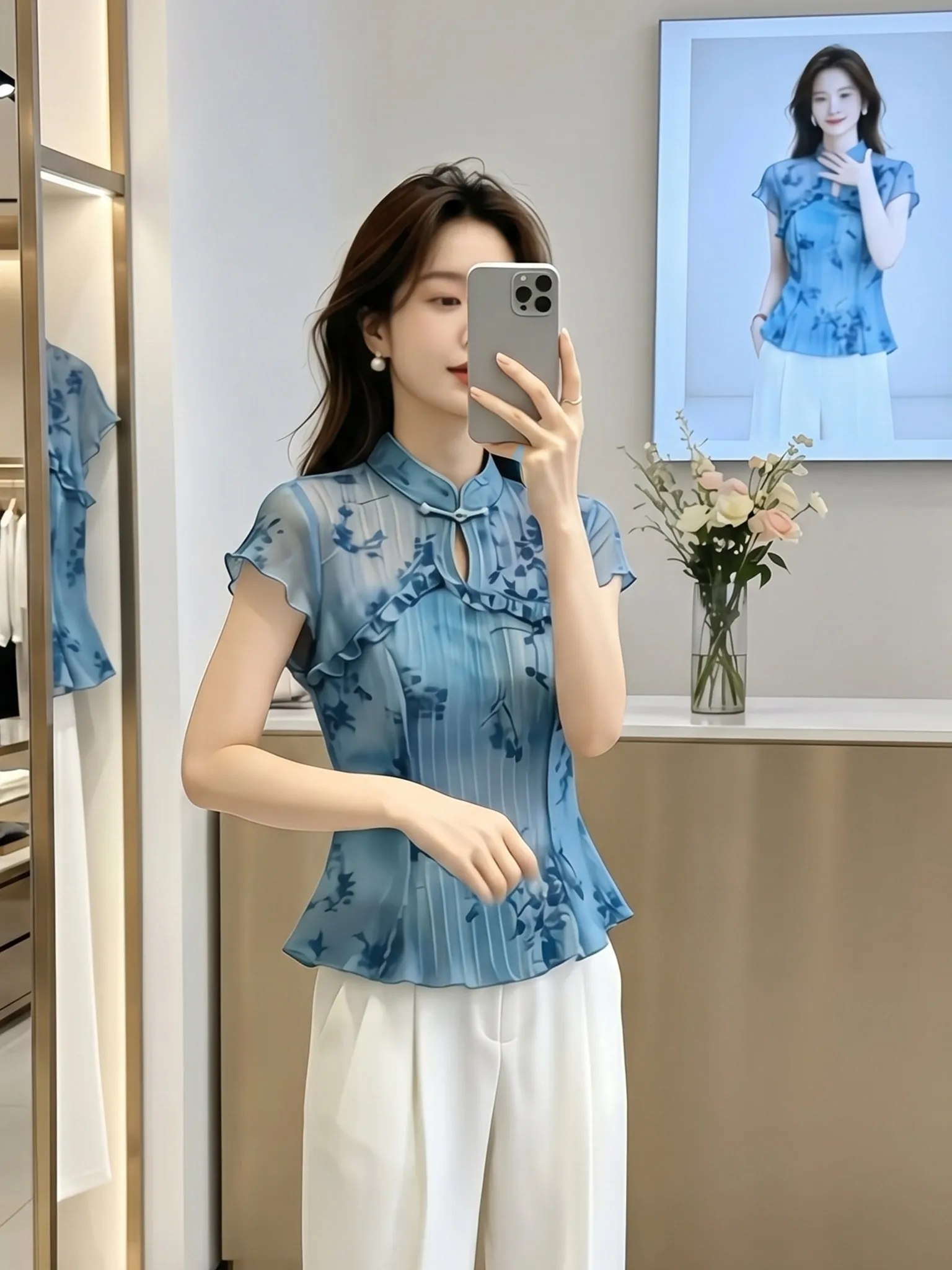 

Blue Printed Women's Shirt Versatile Fashionable Summer Slimming Commute Top Breathable Short Sleeve Korean Style
