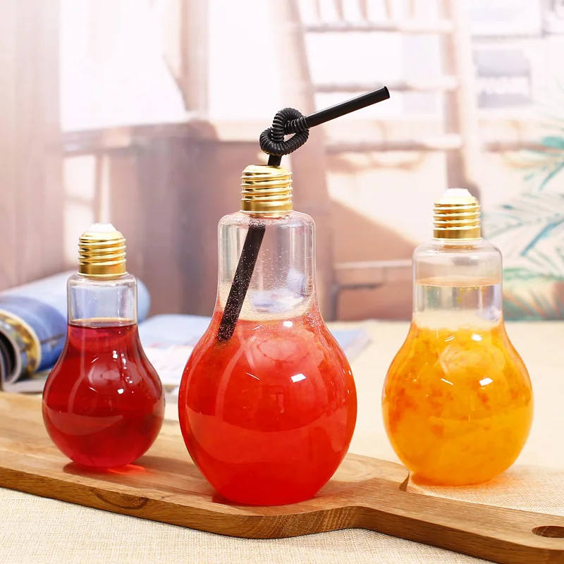 1pc Creative Bulb Water Bottle Brief Fashion Cute Milk Juice Light Bulb Shape Cup 100/200/300/400/500ml Party Plastic Bottle Cup