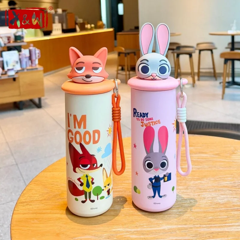 X&W Zootopia 550ml Children Thermos Cup SUS316 Straw Mug with Cartoon Character Lid＆Lanyard Portable Student School Tumbler Gift