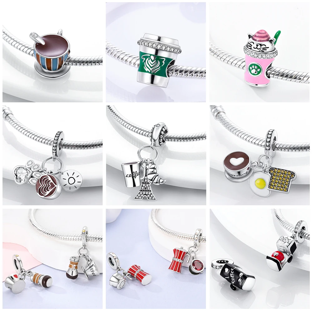 Silver Plated Coffee Cups Mocha Pot Teacups Charms Beads Pendants Fit Original Bracelet Making For Woman Jewelry Gift
