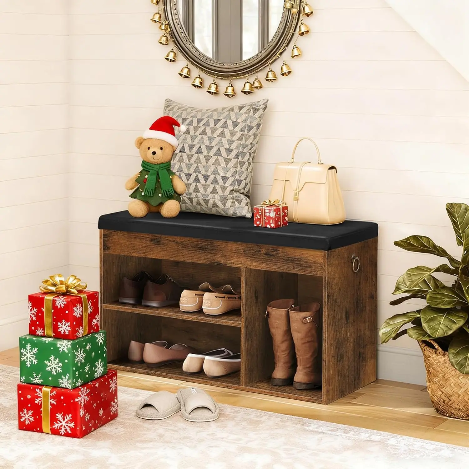 Shoe Storage Bench with Cushion, Flip-Open Box & Adjustable Shelf for Entryway or Living Room in Rustic Brown
