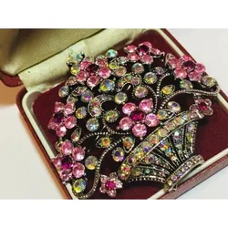 Vintage Shiny Zircon Flowers Brooch Literary Pink Rhinestone Inlaid Flower Basket Pins Women's Fashion Coat Accessories Corsage