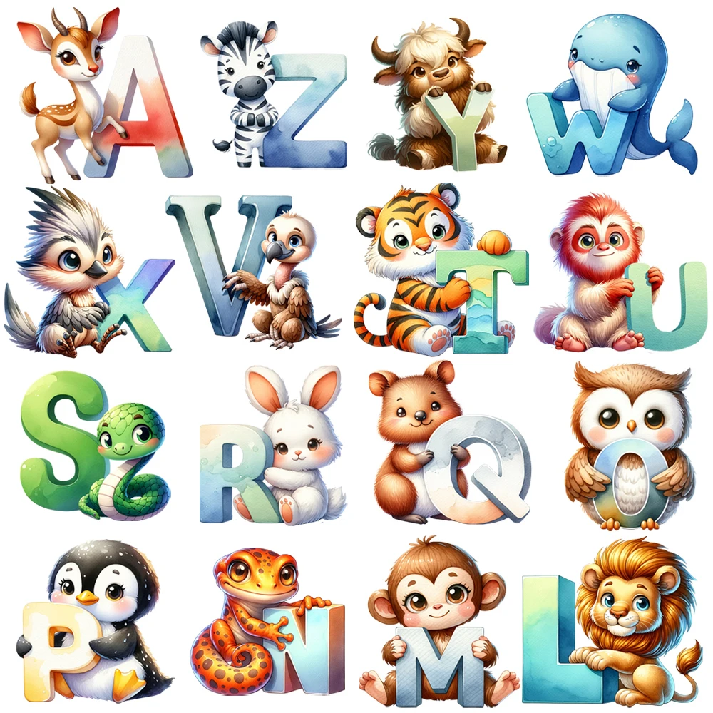 

15 см детская мультяшная 26 букв с изображением животных, термопереносная наклейка DTF, футболка «сделай сам», железные нашивки для переноса одежды, наклейка
