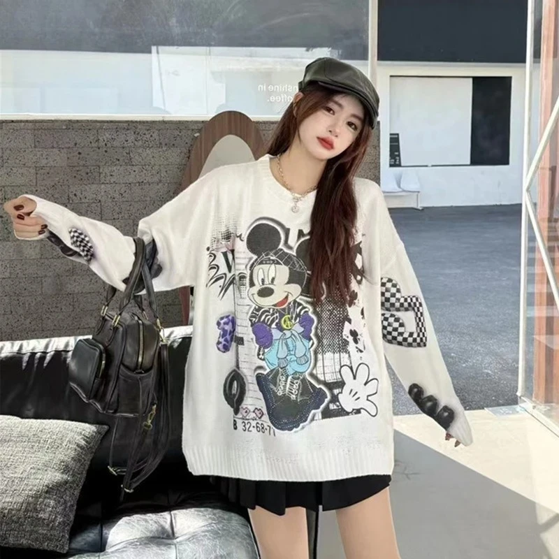 

2026 New Mickey Graffiti All-Over Print Sweater for Women Loose Lazy Korean Style Casual Oversize Mid-Length Knit Tops