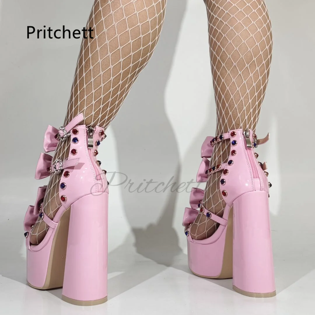 Pink Butterfly Knot Platform Sandals Women Sweet Lovely Crystal Heart Zip Block High Heels Leather Ankle Strap Lolita Shoes