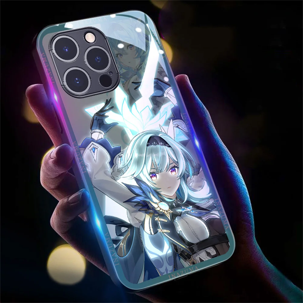 Cool Genshin Cartoon Pattern Smart LED Light Glow Tempered Glass Phone Case For iPhone Air 17 16 15 14 13 12 11 Pro Max Plus view 6