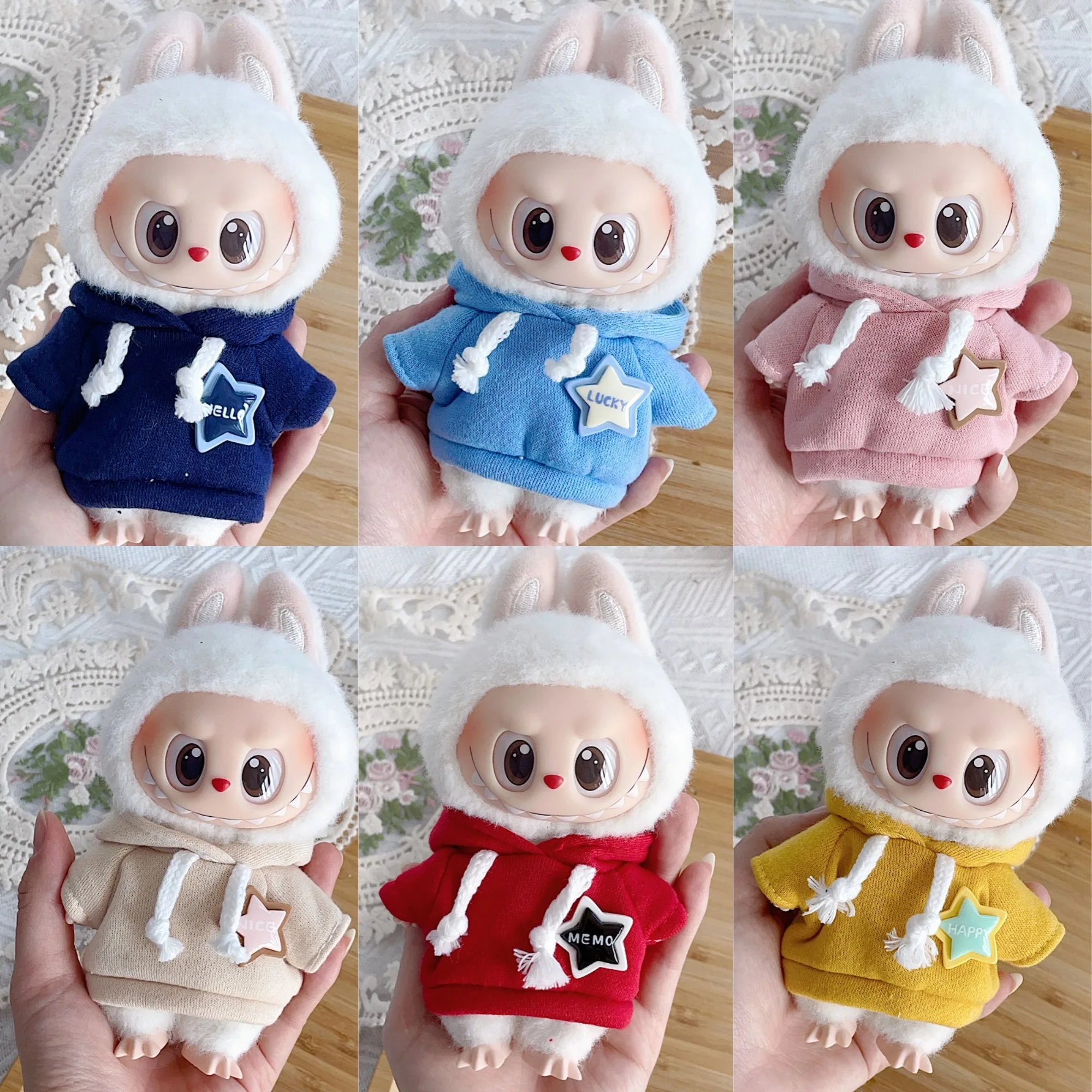 

For 17cm 1st 2nd 3rd Gen Labubu Star Pattern Hoodie, Pink Black White Pullover Sweatshirt for Cotton Doll Clothing