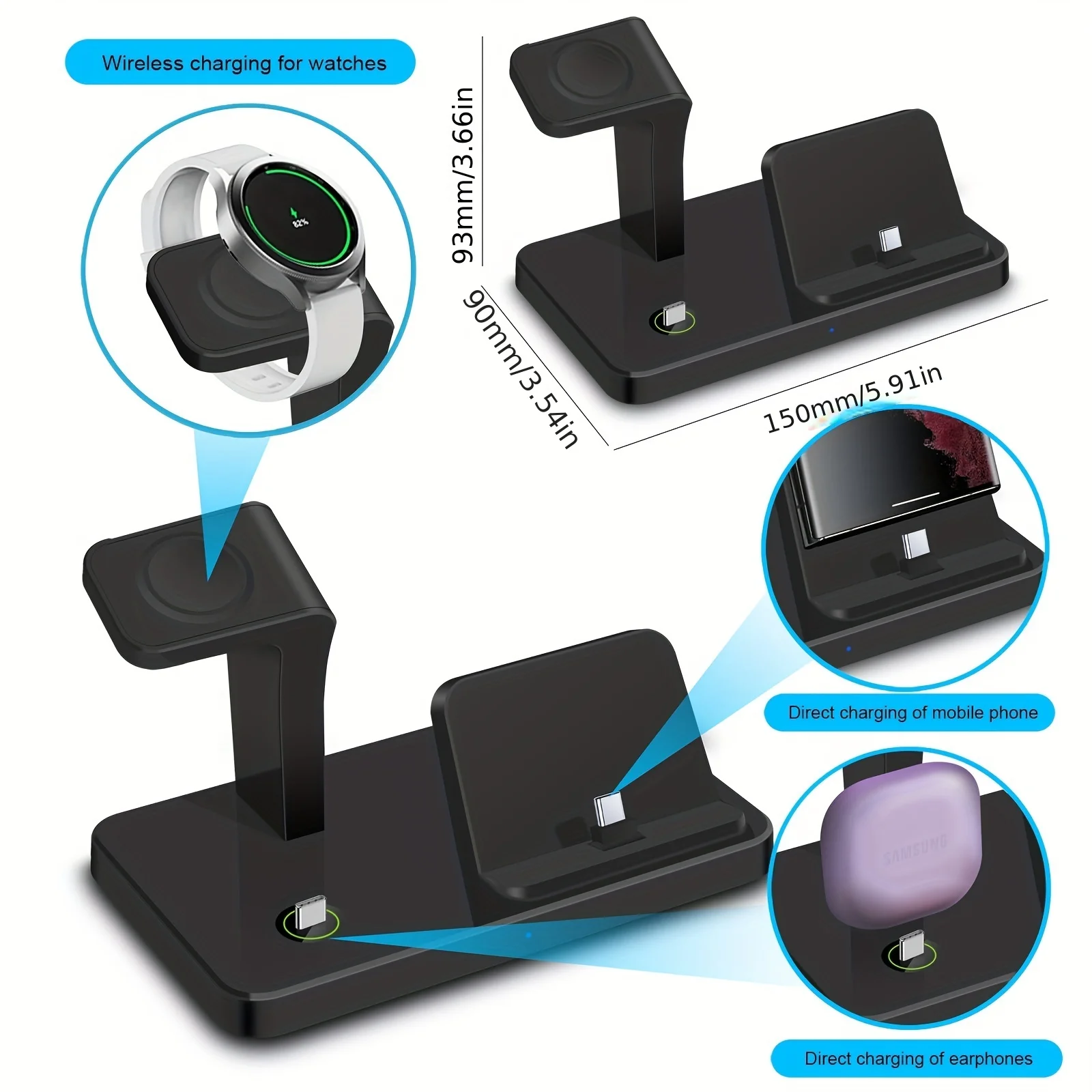

3 in 1 Wireless Charger Dual Type C Ports Fast Charging Station for Samsung S25 S24 S23 for Galaxy Watch 8 7 6 5 Pro 4 3 Buds 3
