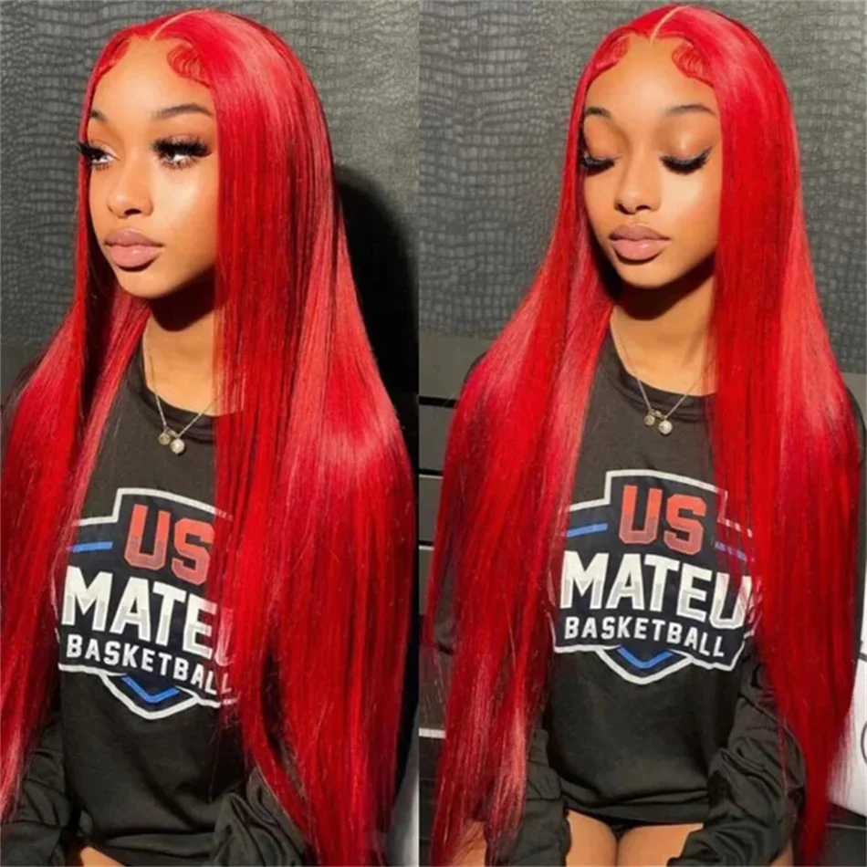

Hot Red Bone Straight 13X6 HD Lace Frontal Wigs Burgundy Red Colored Pre Plucked 13X4 Transparent Lace Front Human Hair Wigs