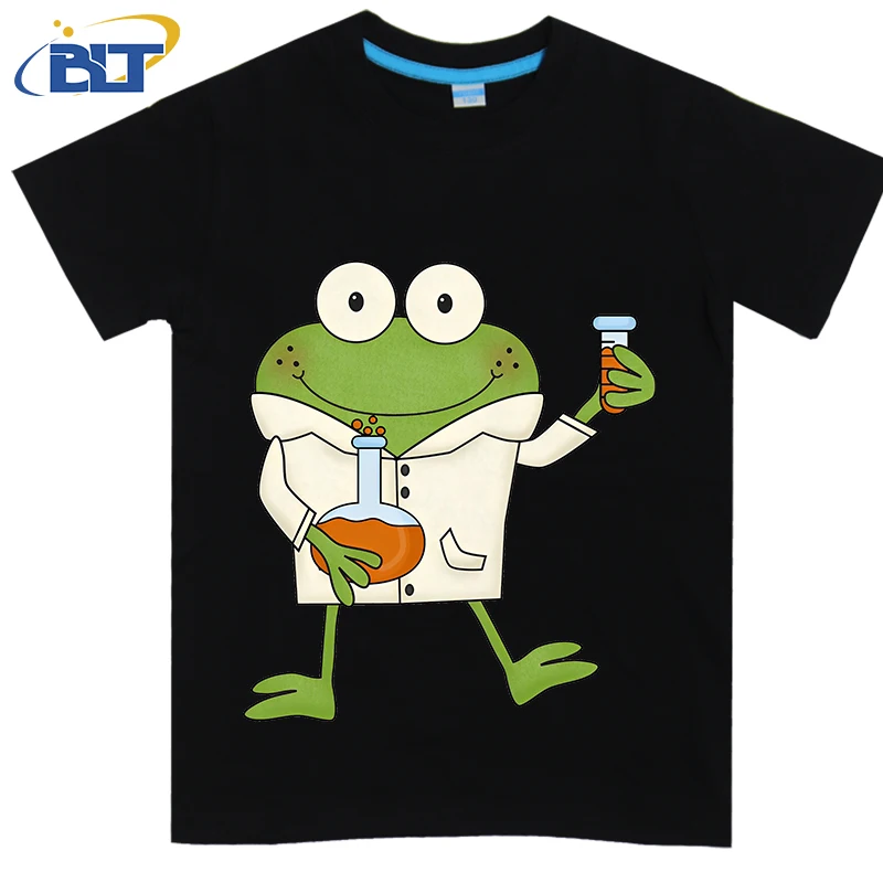 Science Frog Laboratory Experiment Printed Kids T-shirt Summer Cotton Short Sleeve Casual Tops Suitable for Boys and Girls