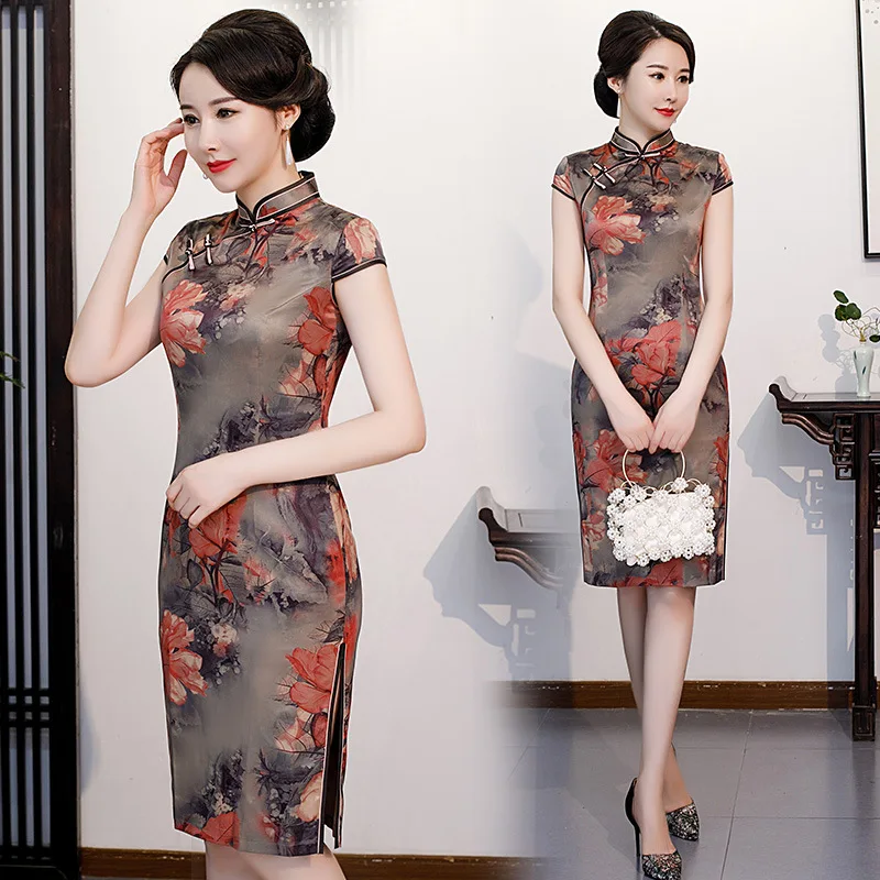 Women Plus Size Elegant Lined Qipao Slim Short Sleeve Dress New Traditional Chinese Mandarin Collar Short Cheongsam