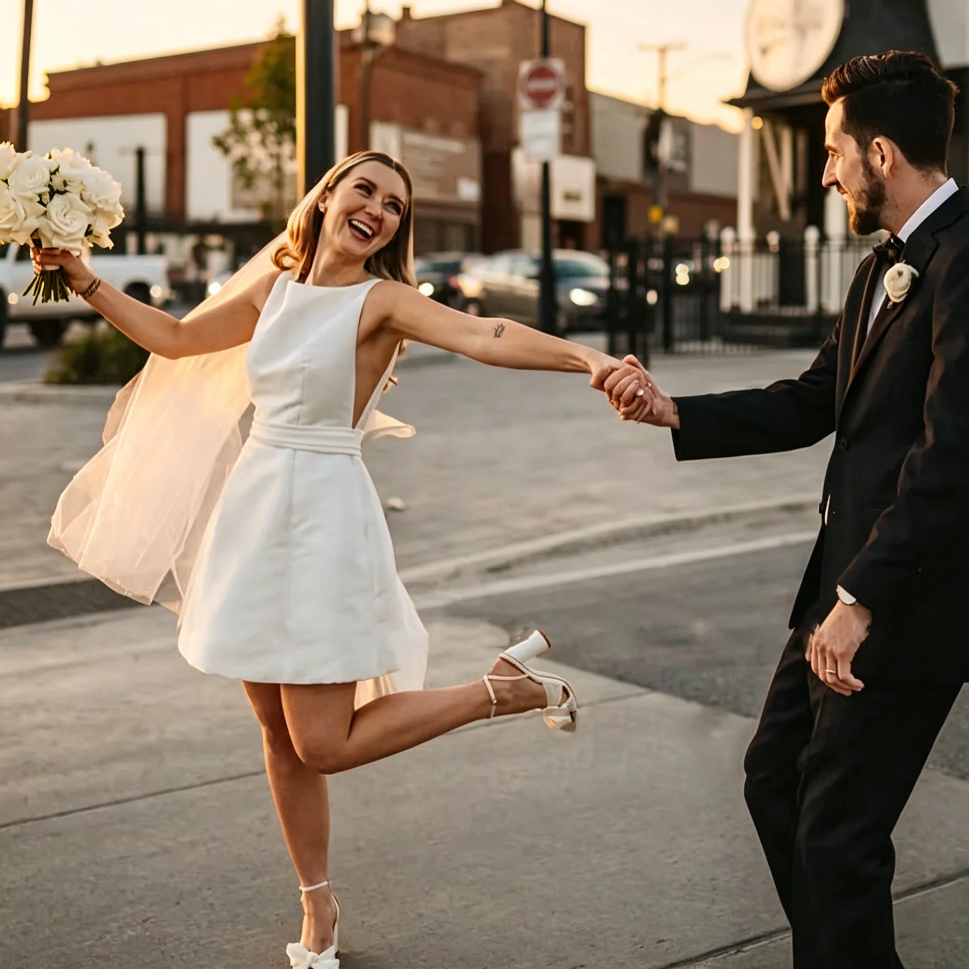 Ärmelloses Satin-Kurz-Hochzeitskleid mit tiefem V-Rücken und großer Schleife, Mini-Brautkleid für standesamtliche Hochzeit, schlichtes, elegantes, weißes Brautkleid für die Brautparty