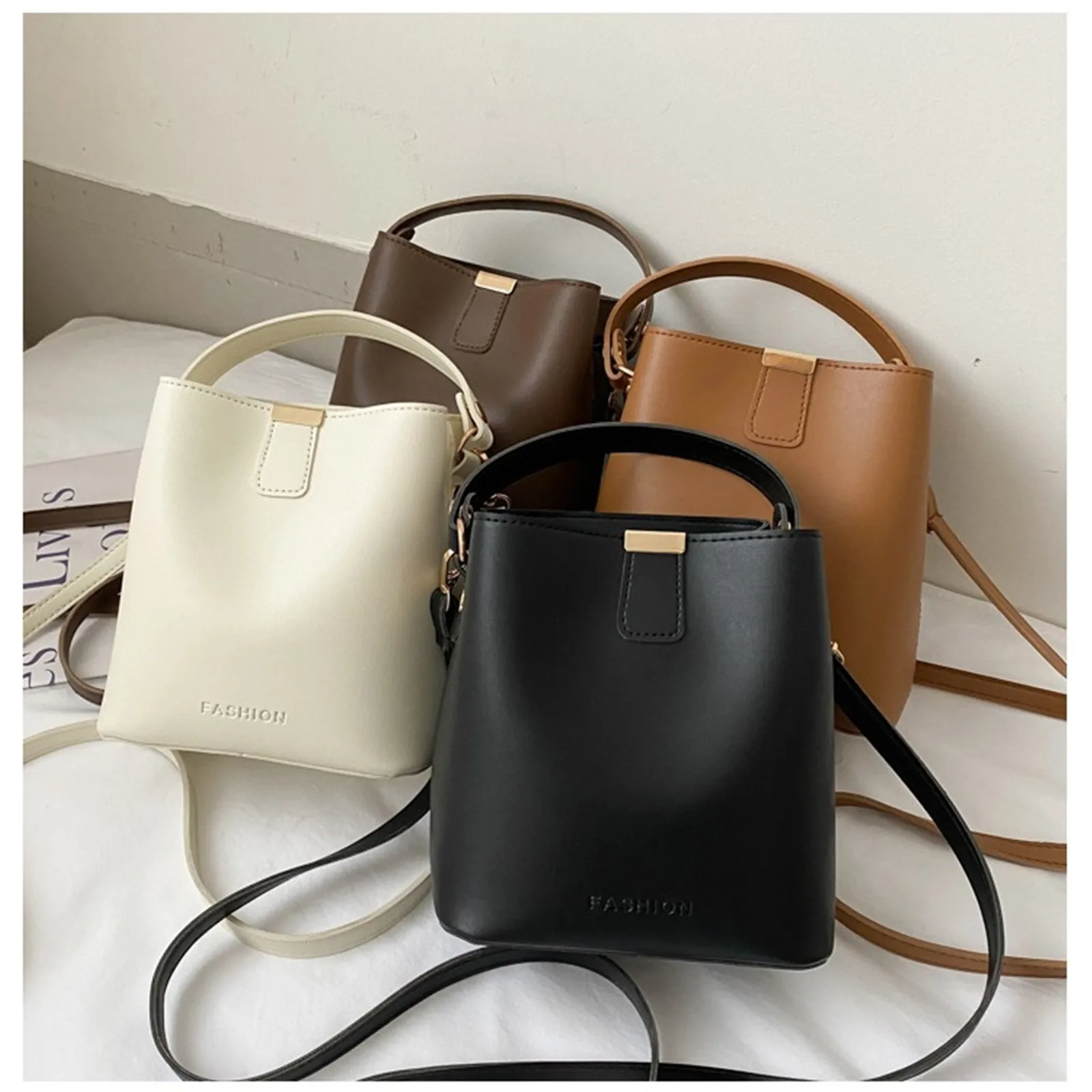 Women PU Leather Bucket Bag Casual Magnetic Buckle Handbag Fashion Simple Messenger Bag High-end Women Solid Color Shoulder Bag