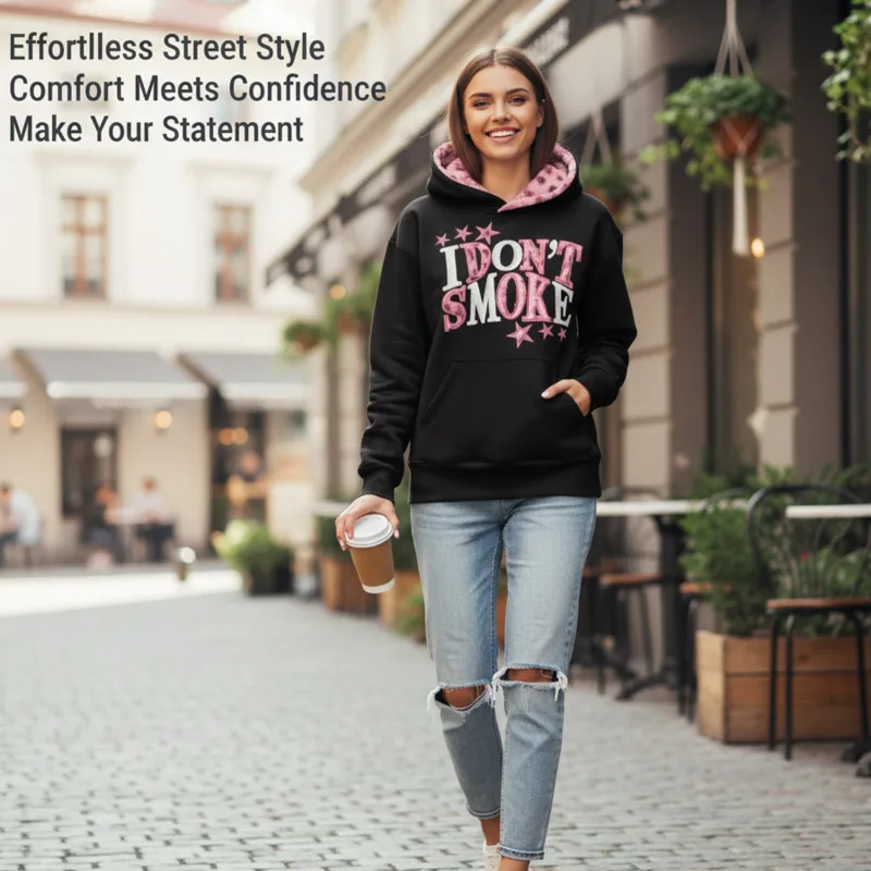 ​ ​ سويت شيرت نسائي بغطاء للرأس مطرز باللون الأسود العتيق مع بطانة على شكل الفهد الوردي، ملابس غير رسمية للشارع ​ ​ ق