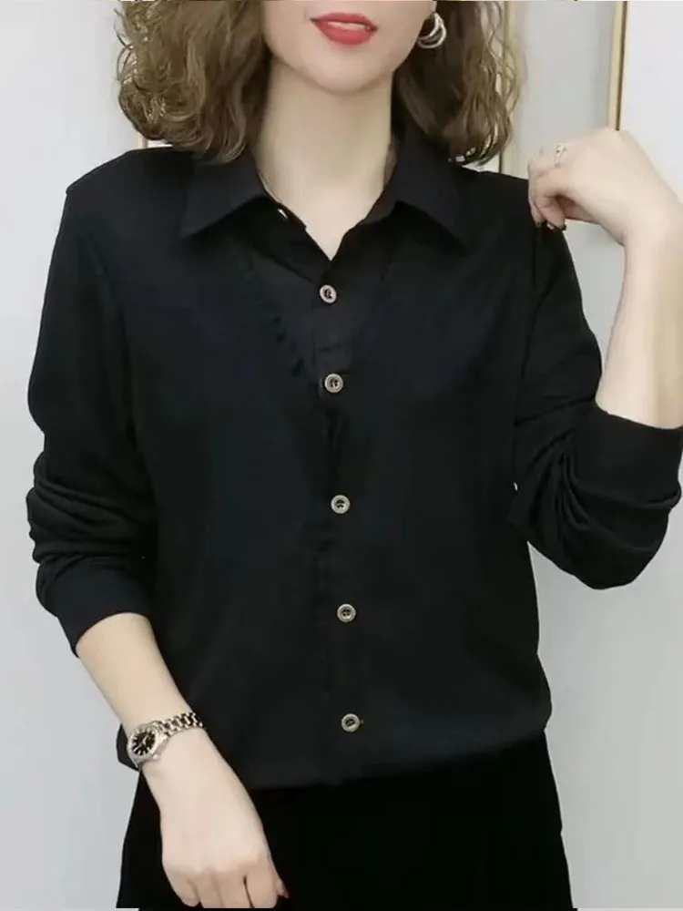 Faionable Casual Long Sve irt Women's Spring Autumn New Sle Splicing Design Mom Clothes Ele Sle  Collar Ca...