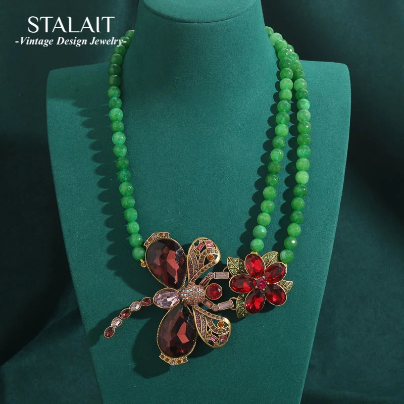 

Vintage Emerald Beads Necklace Party Crystal Dragonfly Pendant Choker Luxury Designer Jewelry For Woman Antique Flower Item 2025