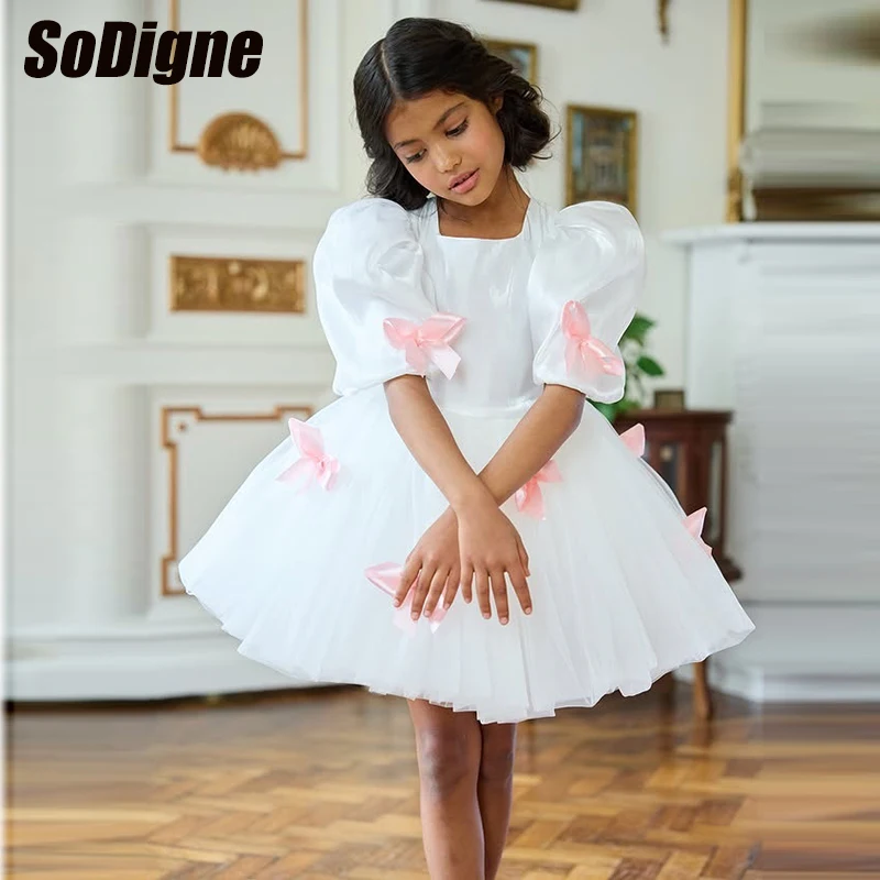 SoDigne A-line Flower Girl Dress Short Sleeves Square Collar Kid Gown Birthday Party Dresses Customized vestidos de fiesta niñas