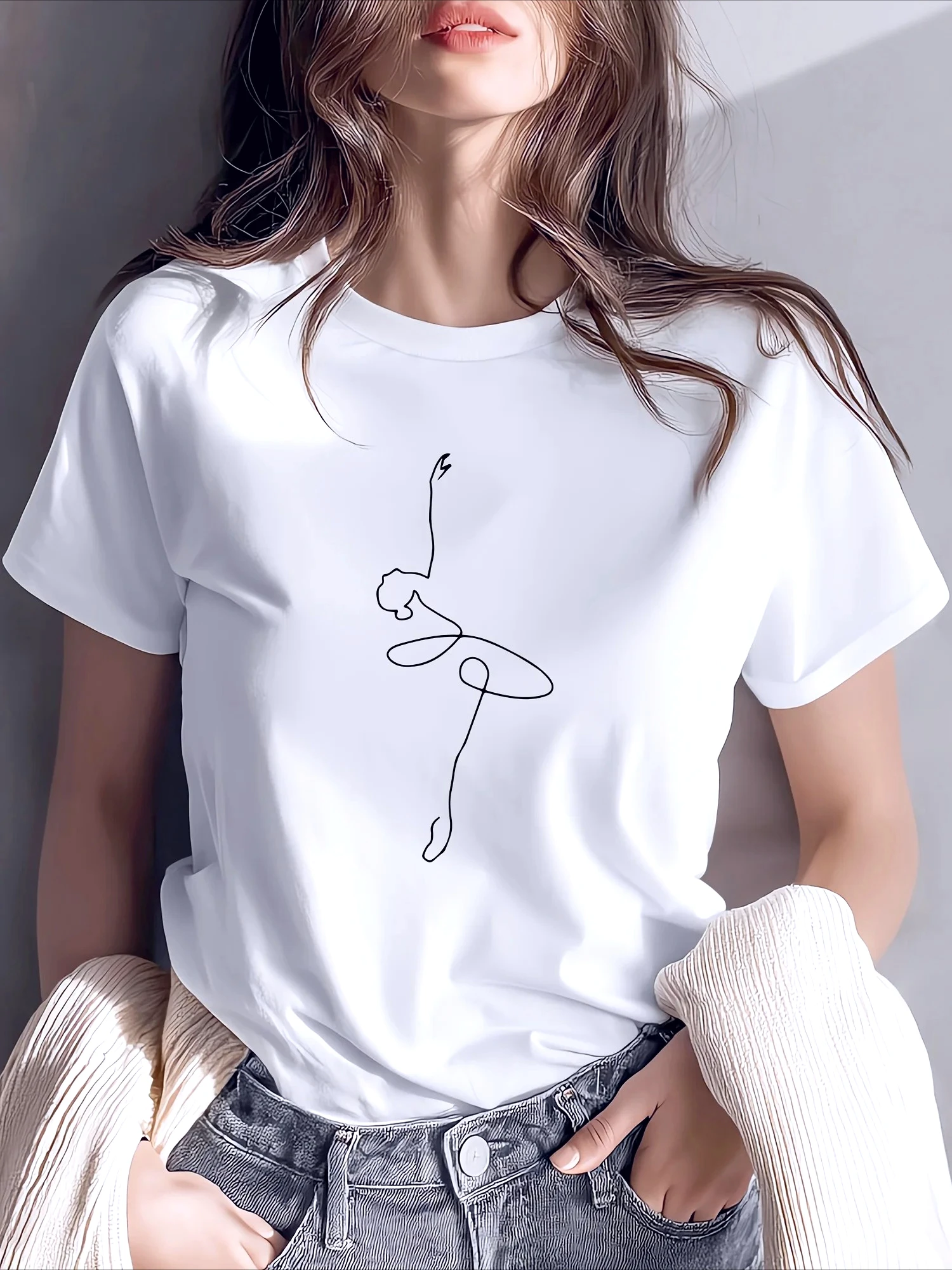 Ballet Dancer Line Art Design Women's T-shirt Vintage Fashion Tee Harajuku Streetwear Short Sleeve Harajuku Female Y2K Tee Tops