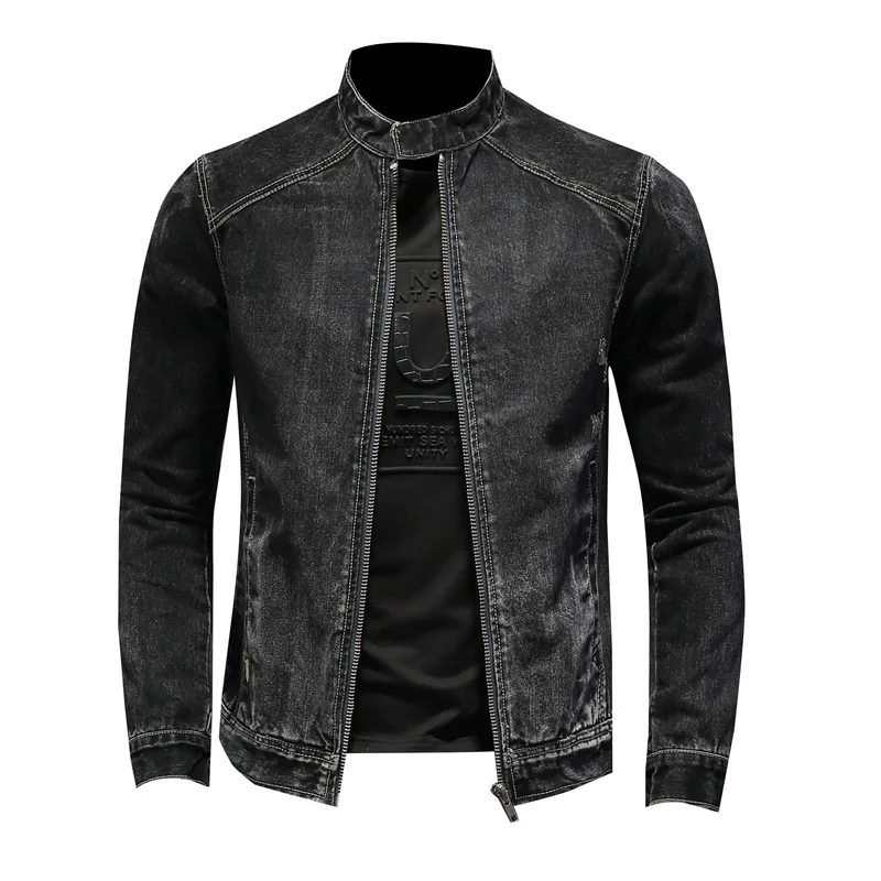 

Spring Autumn New Stand Collar Denim Jacket Plus Size 5XL Slim Fit Zipper Trendy Biker Jacket Black tops Vintage Men's Clothing