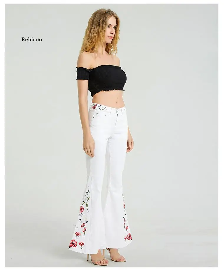 White Jeans Embroidery High Waist Jeans Femme Hippie Wide Leg Denim Pants Women