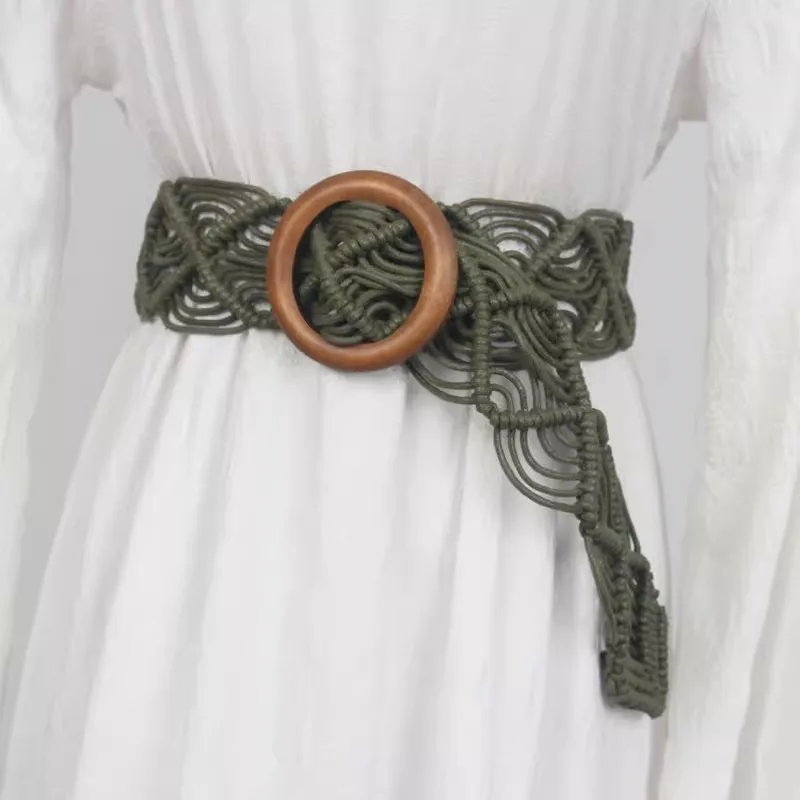 

Women's Fashion Waxed Rope Woven Round Buckle Boho Wide Belt – Ethnic Style Waist Chain Corset Belt for Dresses