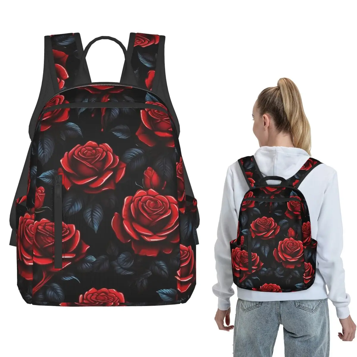 

Realistic Red Rose In Dark Pattern Backpack Daypack Boys Girls BookBag School Bag Shoulder Bags for Men Women