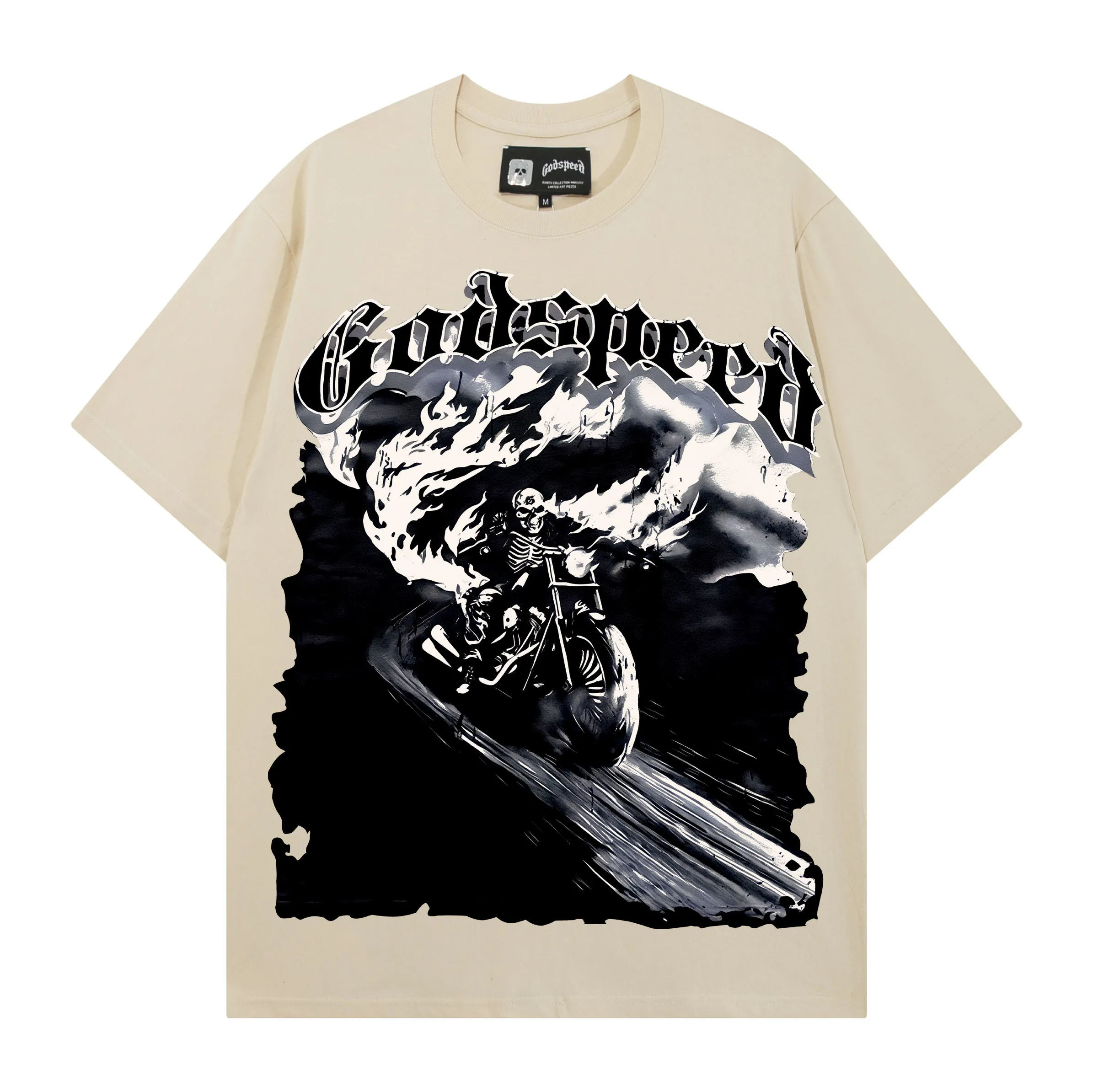 Heavyweight Godspeed American Retro Skeleton Print INS Hip Hop Rock Summer Loose Pure Cotton Short Sleeve T-Shirt Streetwear ...