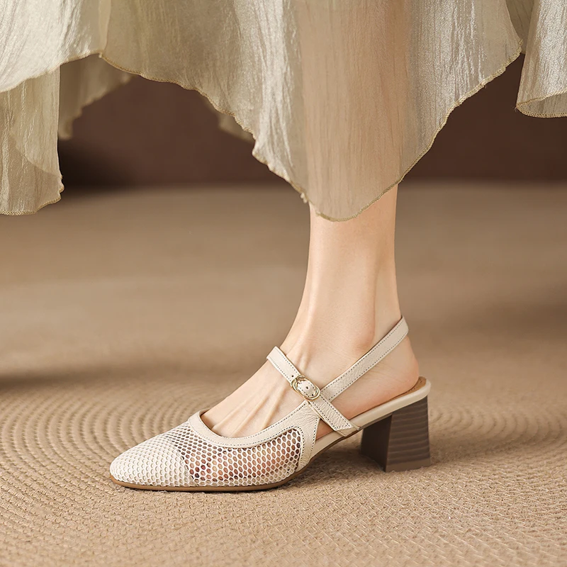 2026new summer women sandals natural leather plus size 22-26cm sheepskin+mesh+pigskin+cowhide ankle-buckle high heel women shoes