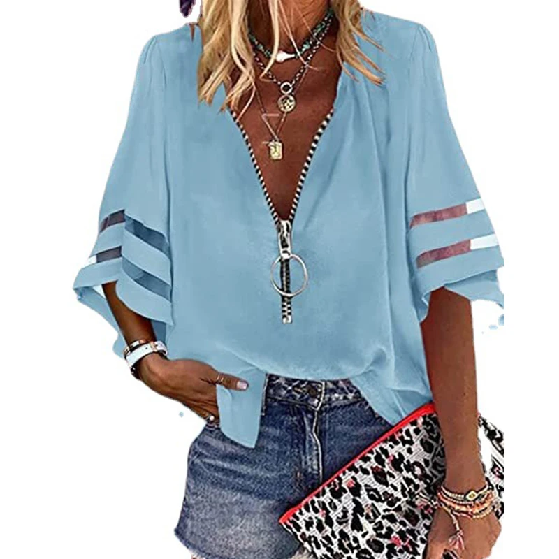 Women\'s Elegant Off Shoulder Shirt Blouse New Casual Letter Print V Neck Zipper Tops Loose Shirt Top Long Sleeve Women Blouse