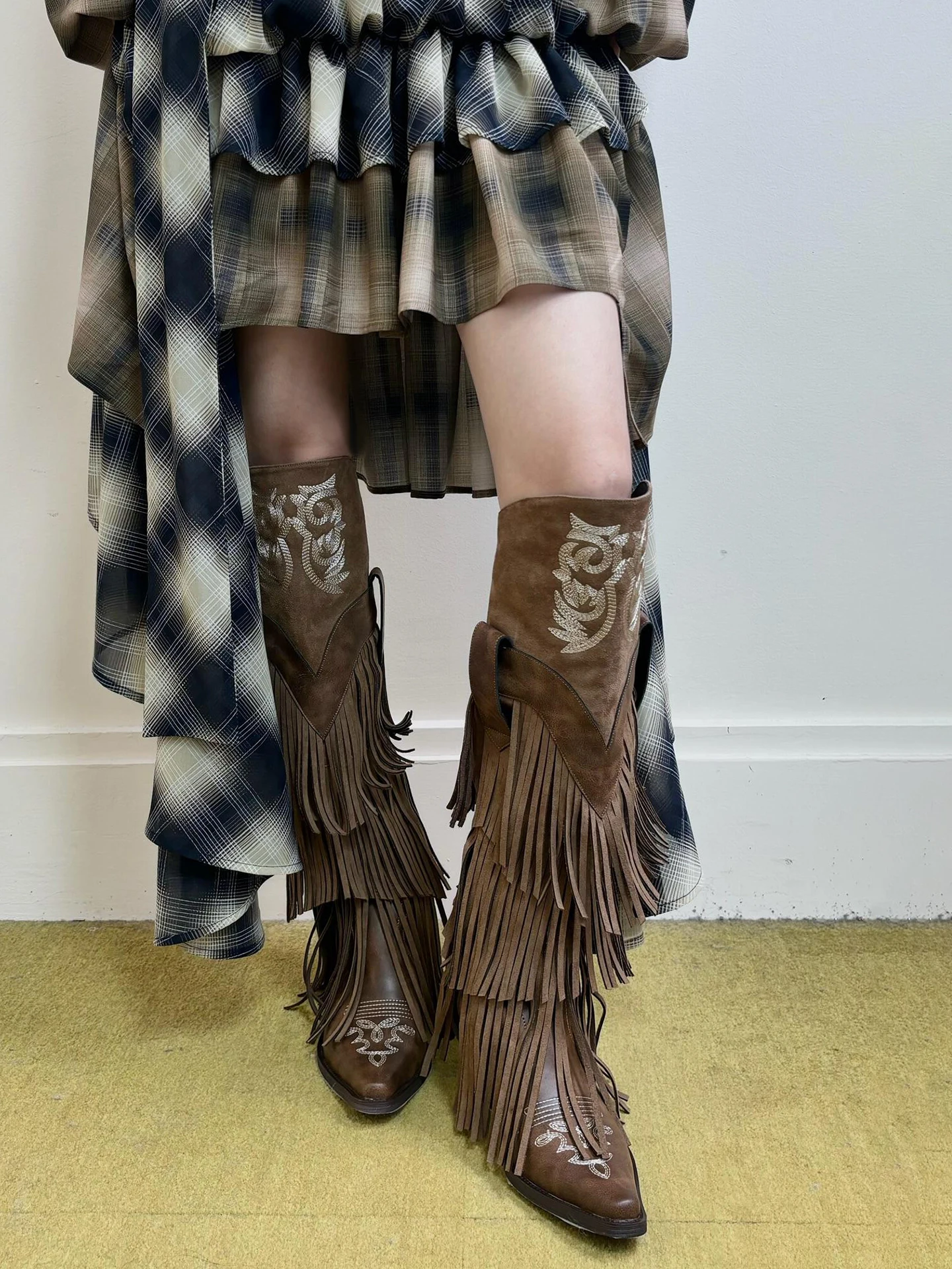 2026 New Western Embroidered Genuine Leather over Knee Fringe Boots Retro Chunky Heel Large Size High Tube Fashion Boots